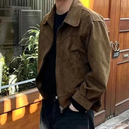 Men’s Vintage Suede Bomber Jacket – Retro Slim Fit Short Flight Coat for Streetwear Fashion