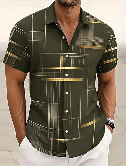 Men’s Geometric Print Short Sleeve Shirt – Casual Button-Down