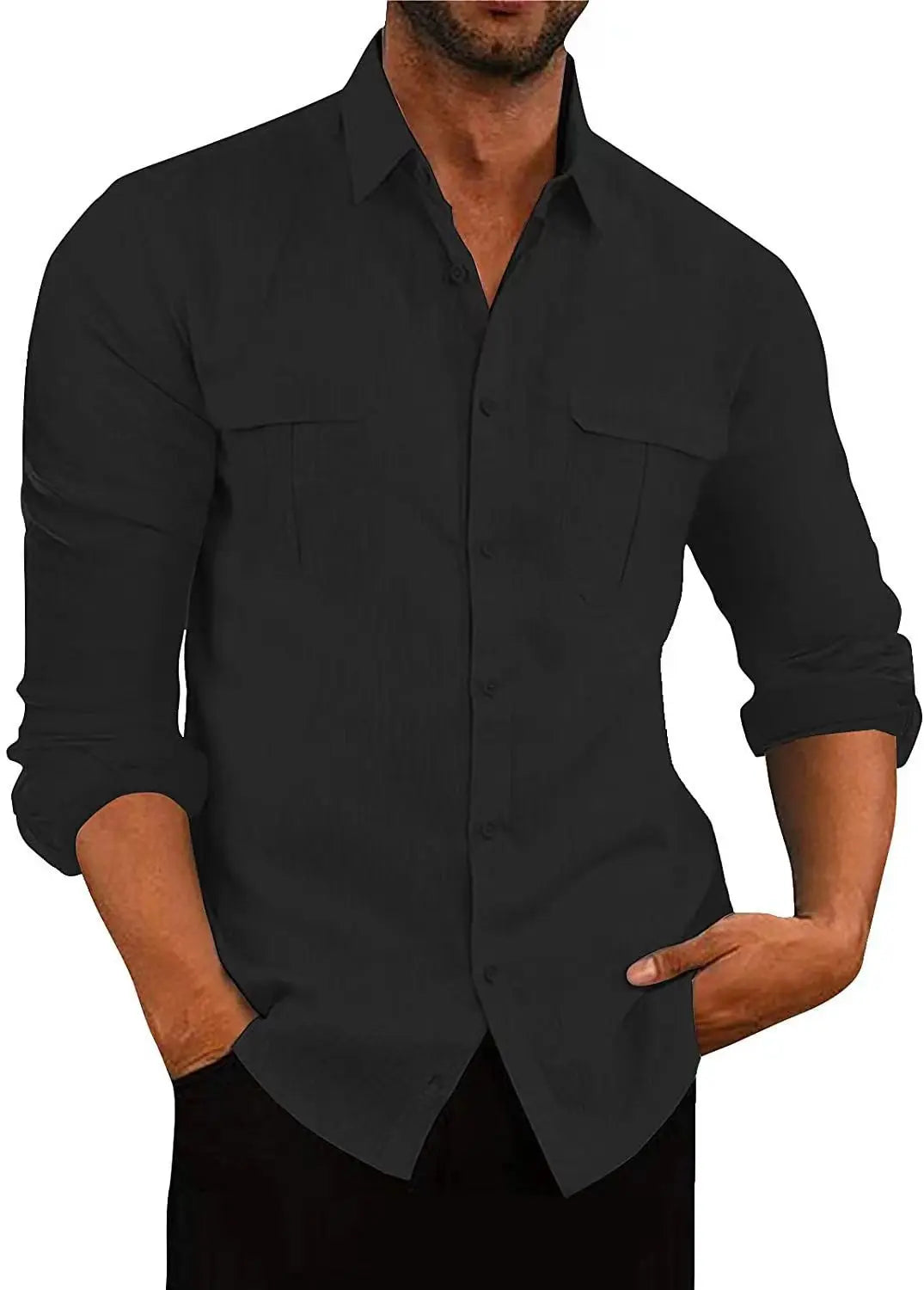Men’s Cotton Linen Button-Down Shirt – Long Sleeve, Regular Fit, Chest Pockets