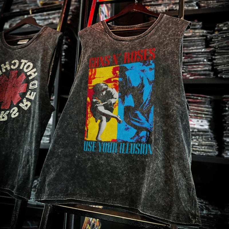 Men’s Vintage Washed Rock Band Tank Top – Sleeveless Cotton Gym Vest