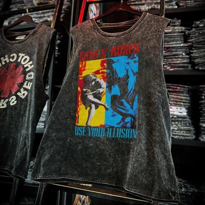 Men’s Vintage Washed Rock Band Tank Top – Sleeveless Cotton Gym Vest