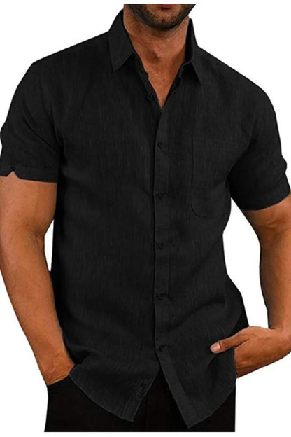 Men’s Linen Blend Button-Down Shirt – Short Sleeve, Chest Pocket, Casual Fit