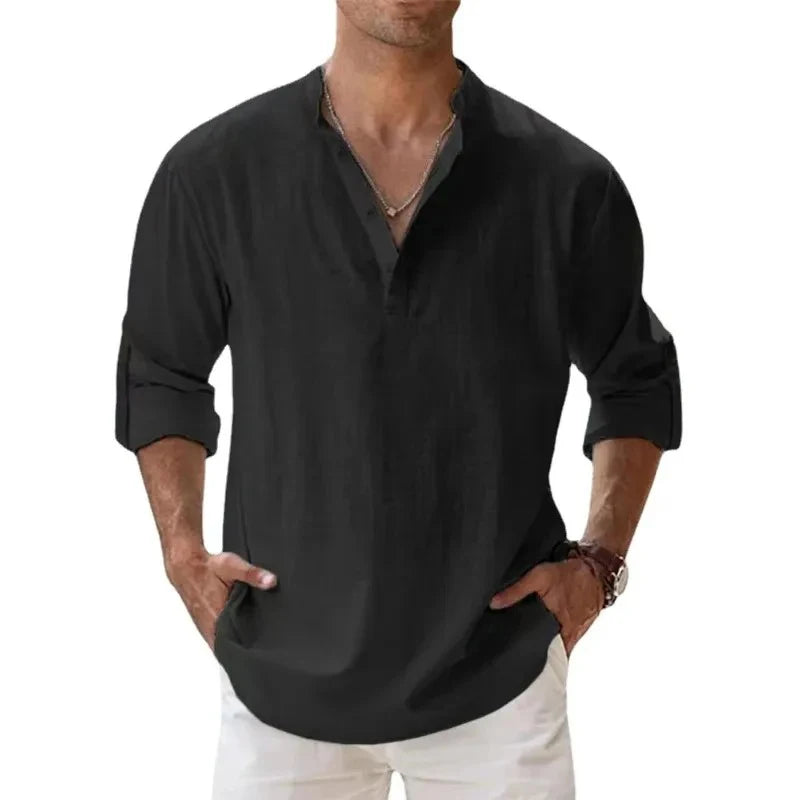 Men’s Cotton Linen Henley Shirt – Lightweight Long Sleeve Beach Style