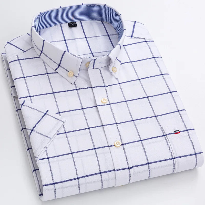 Men’s Plus Size Cotton Oxford Shirt – Short Sleeve, Plaid Stripes, Slim Fit Business Casual Style