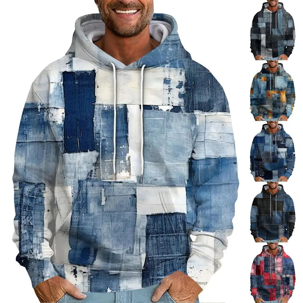 Denim Plaid Print Hoodie – Casual Loose-Fit Streetwear Sweatshirt for Men & Women