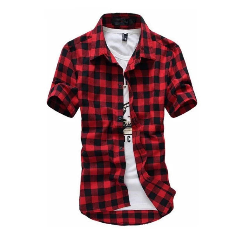 Men’s Checkered Short Sleeve Button-Up Shirt – Summer Casual Style