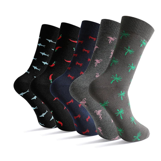 5-Pack Men’s Cotton Dress Socks – Funny Animal & Cartoon Print Casual Mid-Calf Business Socks