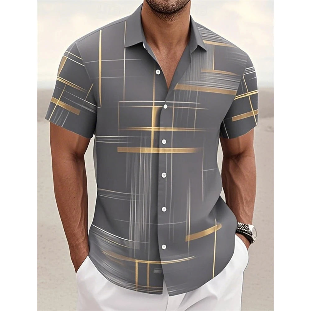 Men’s Geometric Print Short Sleeve Shirt – Casual Button-Down