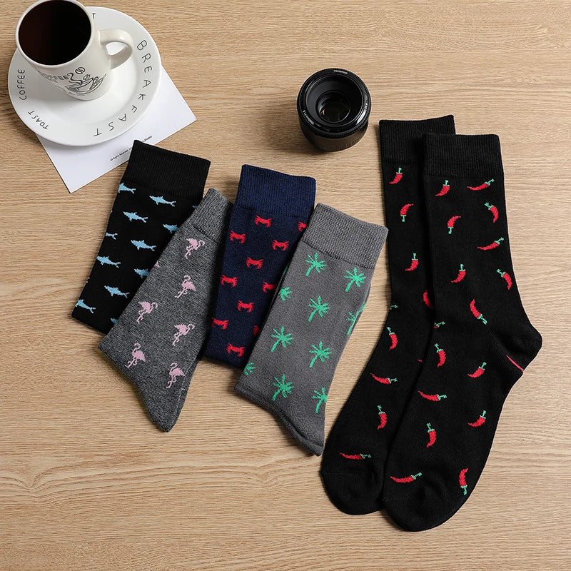 5-Pack Men’s Cotton Dress Socks – Funny Animal & Cartoon Print Casual Mid-Calf Business Socks