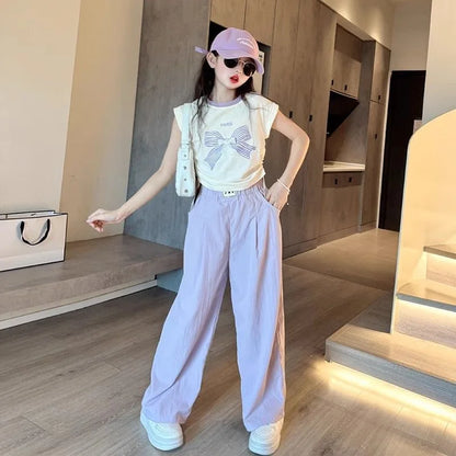 Teen Girls Cartoon 2-Piece Outfit – Color Block T-Shirt & Trousers Summer Sportswear Set for Kids