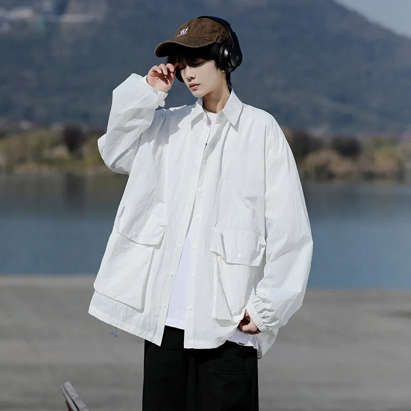 Men’s Lightweight Casual Jacket – Breathable Loose-Fit Sun Protection Coat with Large Pockets