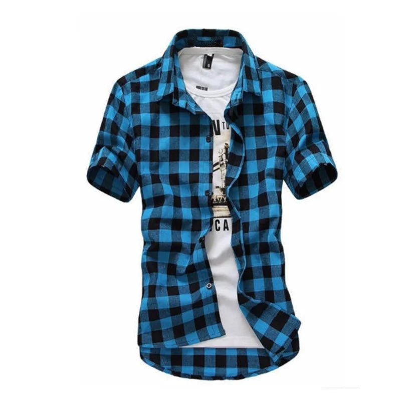 Men’s Checkered Short Sleeve Button-Up Shirt – Summer Casual Style