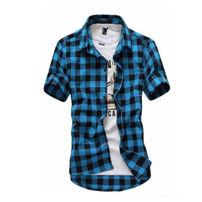 Men’s Checkered Short Sleeve Button-Up Shirt – Summer Casual Style