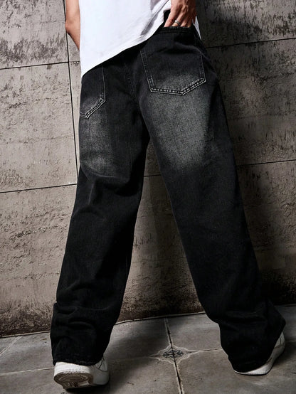 Men’s Black Washed Distressed Jeans – Loose Fit, Wide Leg