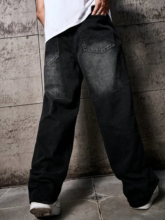 Men’s Black Washed Distressed Jeans – Loose Fit, Wide Leg