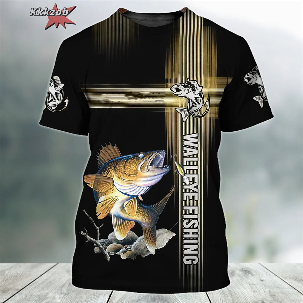 Men’s 3D Fishing Print Oversized T-Shirt – Short Sleeve Outdoor Top