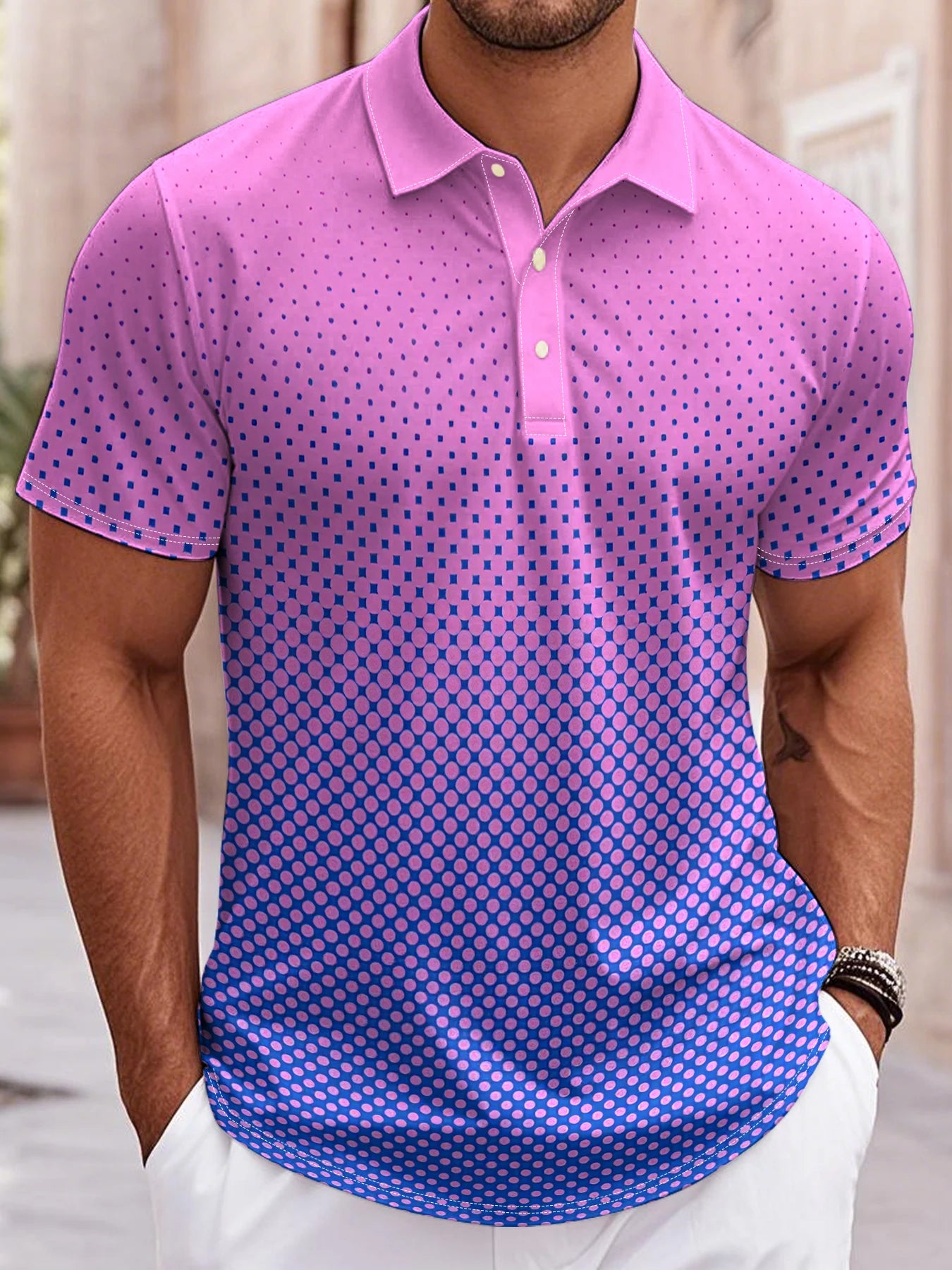 Men’s 3D Gradient Print Polo Shirt – Loose Fit, Button Lapel