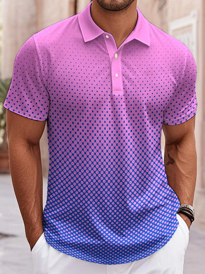 Men’s 3D Gradient Print Polo Shirt – Loose Fit, Button Lapel