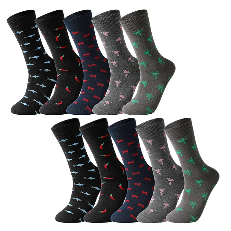 5-Pack Men’s Cotton Dress Socks – Funny Animal & Cartoon Print Casual Mid-Calf Business Socks