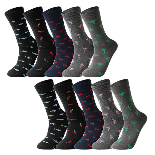 5-Pack Men’s Cotton Dress Socks – Funny Animal & Cartoon Print Casual Mid-Calf Business Socks